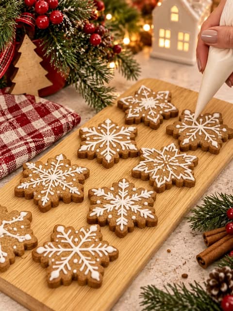 Biscoitos Biscoff de Natal decorados com glacê branco e flocos de neve